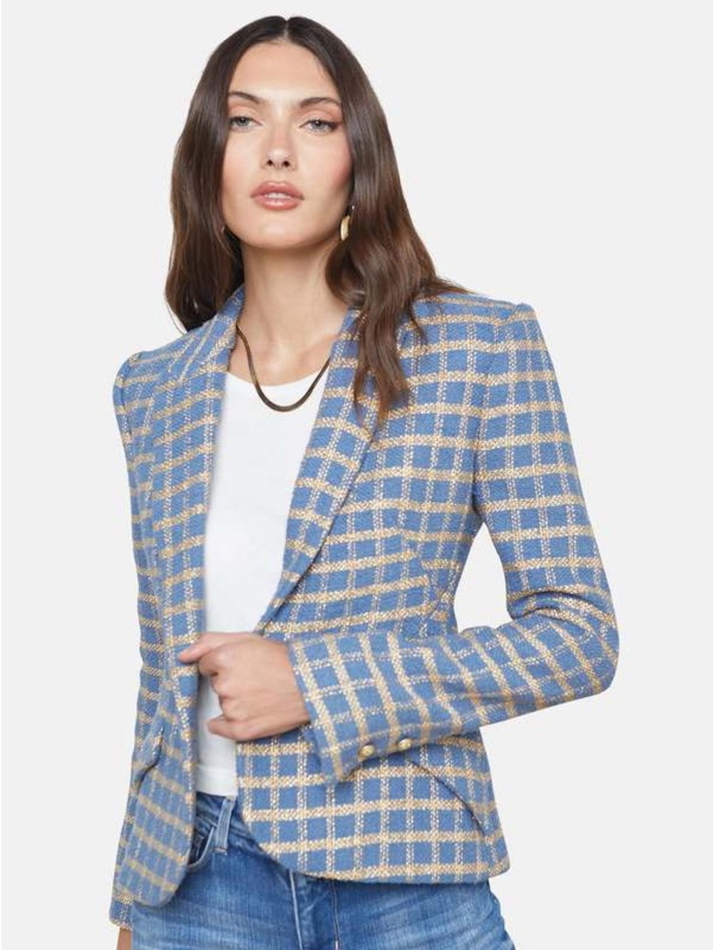 NEW NWT LโAGENCE Jennah Blazer Jacket In Blue Horizon/Gold Plaid